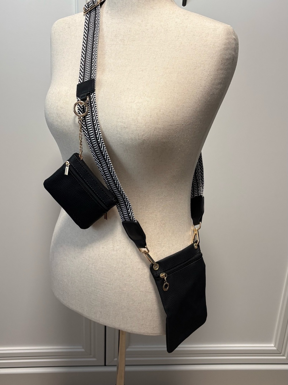Black Crossbody Multi-Pouch Bag with Adjustable Strap